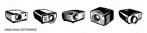 A collection of five different projector designs presented in a line with and clear visibility of their features