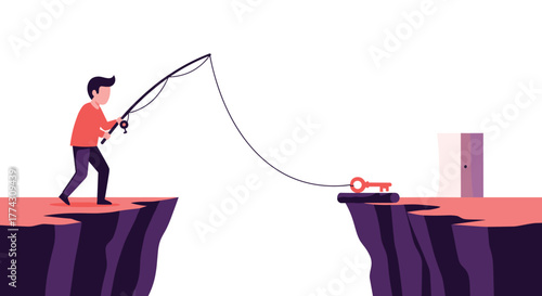 A man on a cliff edge uses a fishing rod to retrieve a key from across a chasm, symbolizing strategic problem-solving and the pursuit of success.
