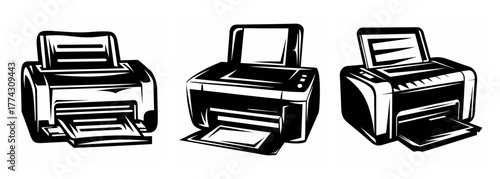 Three distinct inkjet printers shown in a line graphic depicting office technology and modern document printing devices