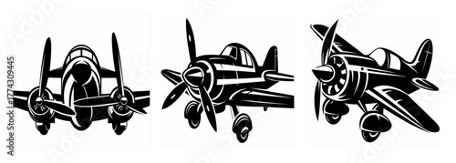 Three detailed ink drawings of a vintage propeller aircraft shown from different angles
