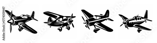 Four vintage propeller aircraft in dynamic poses showing classic aviation design