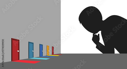 Silhouette of a person deeply contemplating various life choices symbolized by a row of colorful doors.