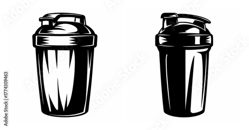 Two stylized protein shaker bottles one outline one filled black for fitness and nutrition