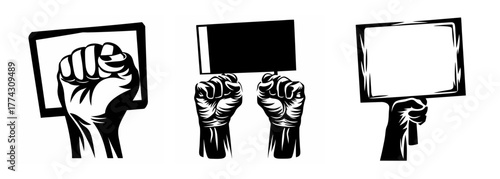 Three clenched fists holding blank signs for protest and demonstration symbolizing activism and public opinion expressed visually