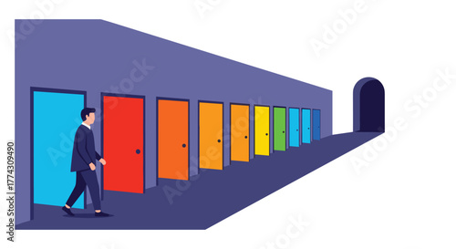 A person walks along a vibrant hallway lined with colorful doors, symbolizing multiple choices and potential paths in life or career.