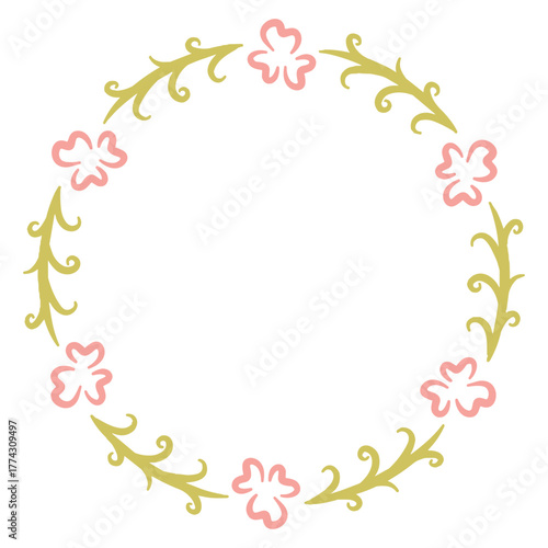 Charming Circular Floral Border with Pink Blooms and Green Tendrils