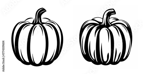 Two stylized black and white pumpkins with distinctive ribbed texture perfect for autumn harvest and halloween themes