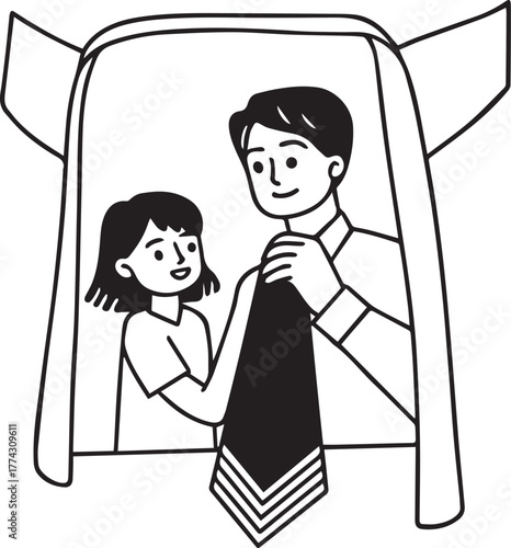 Father and daughter tying tie together in a playful moment.

