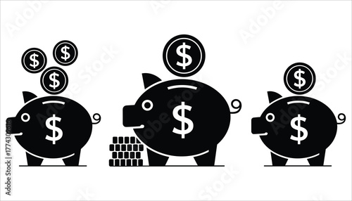 Three black piggy banks with dollar signs and coins on white background money saving