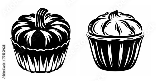 Two hand drawn black and white cupcakes one resembling a pumpkin with swirl frosting