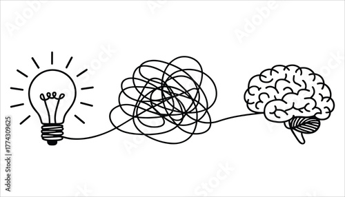 Black and white illustration of a light bulb connected by a tangled line to a human brain idea connection