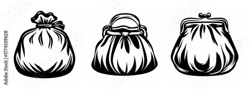 Three vintage coin purses clipart sketch style drawstring pouch and kiss lock clutch bags