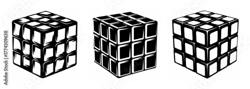 Three different view angles of a 3x3 twisty puzzle cube showing various scrambled states and patterns of its squares