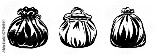 Three textured hand drawn style drawstring pouches displayed side by side