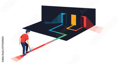 A person creating their own illuminated, colorful path towards multiple doors, symbolizing choices and opportunities for the future.