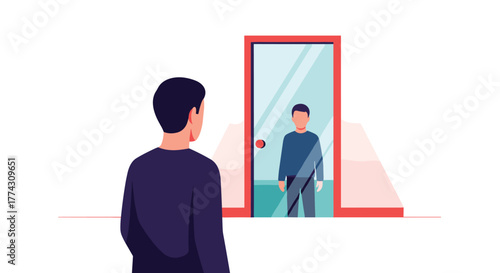 A man stands with his back to the viewer, looking at his reflection in a full-length mirror, symbolizing self-reflection.