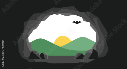 Minimalist view from a dark cave opening revealing a bright sunny landscape with green hills and a rising sun, featuring a small hanging bat.