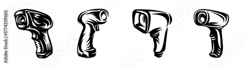 Collection of handheld barcode scanners in sketch style for retail and inventory management