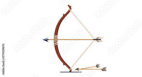 A stylized illustration of a traditional wooden bow with an arrow nocked, ready to shoot, and two spare arrows on the ground.