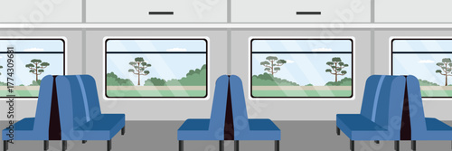 Passenger Train Interior with Countryside Scenery. Railway Window Seat Interior. Comfortable Train Window View Seat. Scenic Train Window Seat