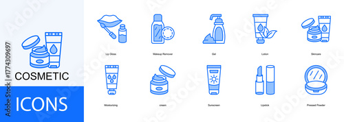 cosmetic icon collection set. Containing Lip Gloss, Makeup Remover, Gel, Lotion, Skincare icon