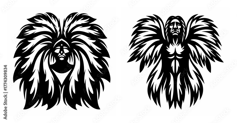 Obraz premium Intriguing tribal spirit figures with elaborate feathered headdresses and wings graphic design elements