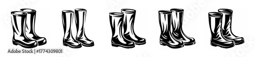 Collection of five detailed black and white sketches of tall rain boots in a row showing different views and designs