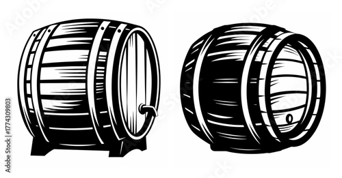Vintage wooden barrels rustic storage containers wood kegs for wine whiskey beer and liquids