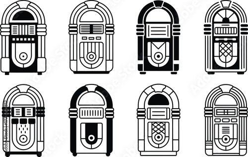 Collection of Retro Jukebox Icons in Black and White