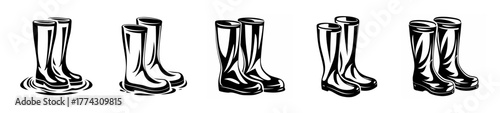 Collection of five sketchy rain boots standing in a puddle perfect for rainy day adventures and outdoor exploration