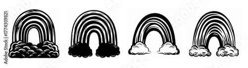 Four hand drawn black and white rainbow arcs with different ground textures showing hope and fantasy