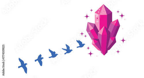Pixel art illustration of blue birds flying towards a sparkling cluster of pink and purple crystals.