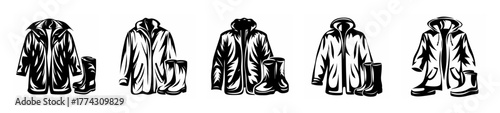 Set of five black and white raincoat and boots icons in various poses for protection against the elements