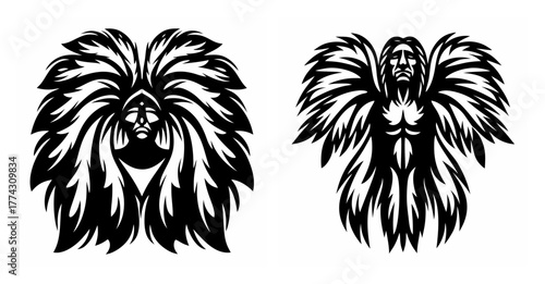 Intriguing tribal spirit figures with elaborate feathered headdresses and wings graphic design elements