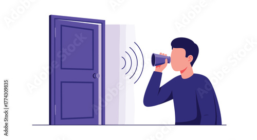 A person discreetly listens to sounds from behind a partially open door using a device, depicting concepts of eavesdropping or curiosity.