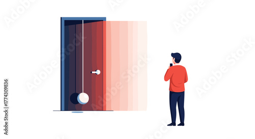A person stands before a doorway with a gradient color transition, observing a hanging pendulum and a directional arrow, symbolizing choice and new paths.