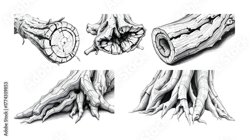 set of tree trunk and root illustrations