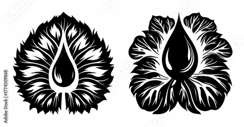 Two black ink drops encased within stylized lotus flower petals artistic symbol set