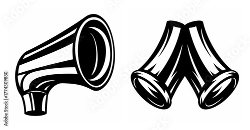 Two stylized graphic elements depicting outlets or inlets resembling rain gutters or horns