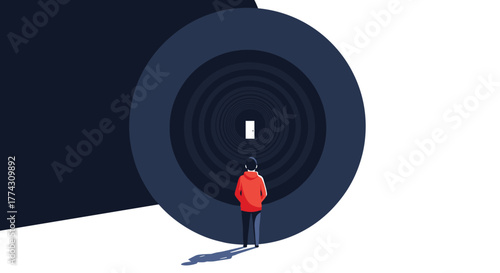 A person stands before a dark, circular tunnel leading to a bright, distant door, symbolizing a journey or path to the unknown.