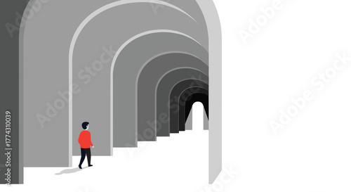A lone individual walks through a series of diminishing arches, progressing towards a bright light at the end of a long, dark corridor.