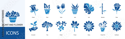 Plant and flower icon collection set. Containing Flower, Plant, tulips, aloe, leaf icon