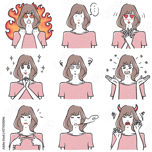 可愛い女性の表情いろいろ　コミカル