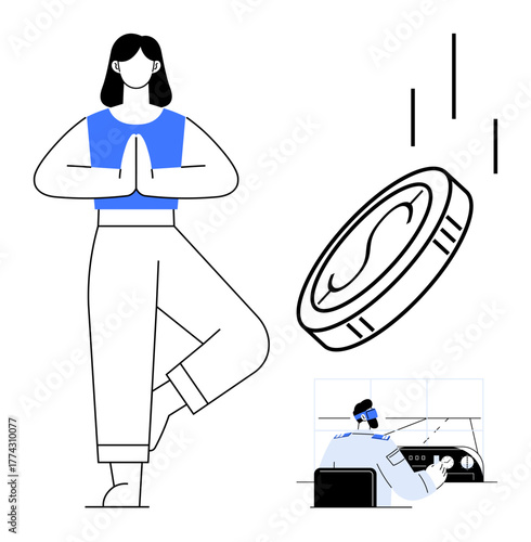 Woman meditating in tree pose, coin falling, scientist in laboratory conducting research. Ideal for wellness, finance, innovation, mindfulness, balance decision-making science. Simple flat metaphor
