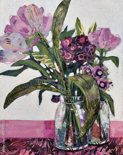 Vibrant Floral Still Life Oil Painting with Pink and Purple Flowers in Glass Jars on Textured Canvas
