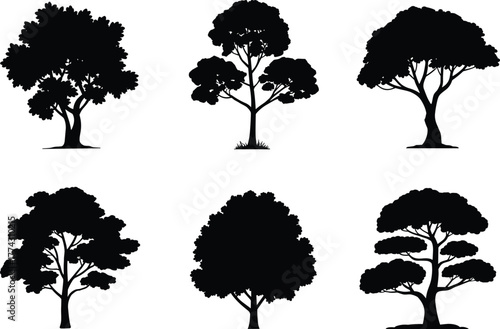 Tree silhouette collection with varied canopy shapes and natural foliage styles, vector nature elements for landscape design, environment graphics, outdoor scenes