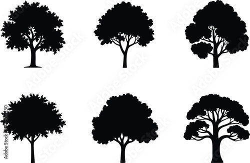 Collection of tree silhouette illustrations featuring different foliage shapes and canopy styles, vector nature elements for landscape design and environment graphics