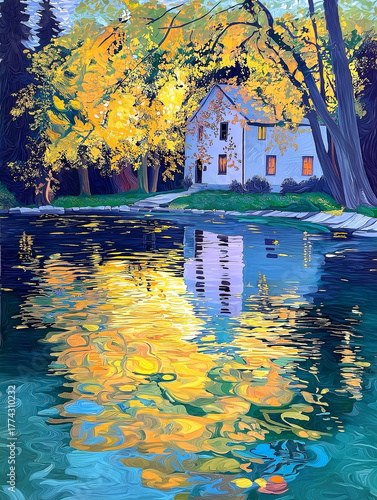 Golden Autumn Reflections of a Lakeside House Oil Painting, Vibrant Fall Landscape with Yellow Trees and Water Reflection in Impressionist Style