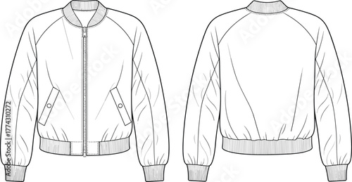 Bomber jacket technical sketch, outerwear flat template, fashion CAD drawing, apparel design vector, front and back views, clothing illustration, flat vector