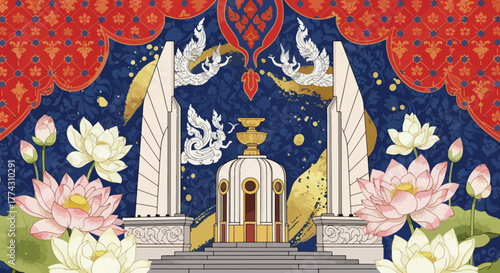 Elaborate Thai Democracy Monument with Lotus Blooms Artwork